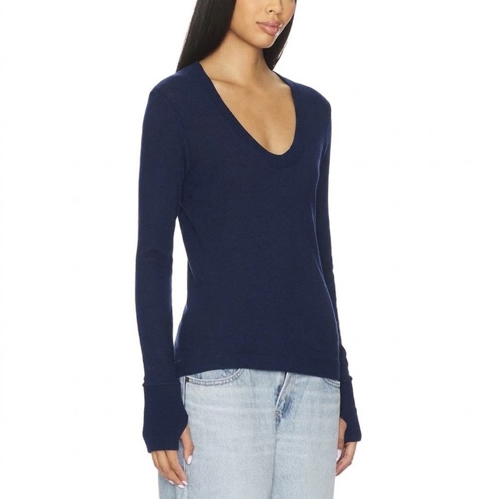 ENZA COSTA Cashmere Easy Cuffed U Neck Top Small Midnight Blue Minimalist Luxury